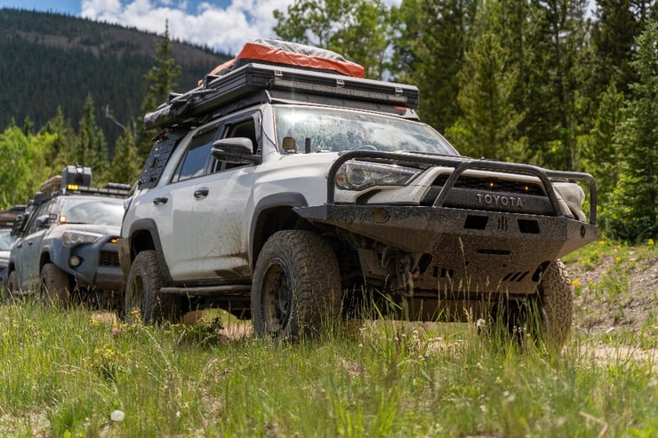 Toyota vehicle on an off-road trail with JBA upper control arms, which help you make the most of your off-roading adventures 