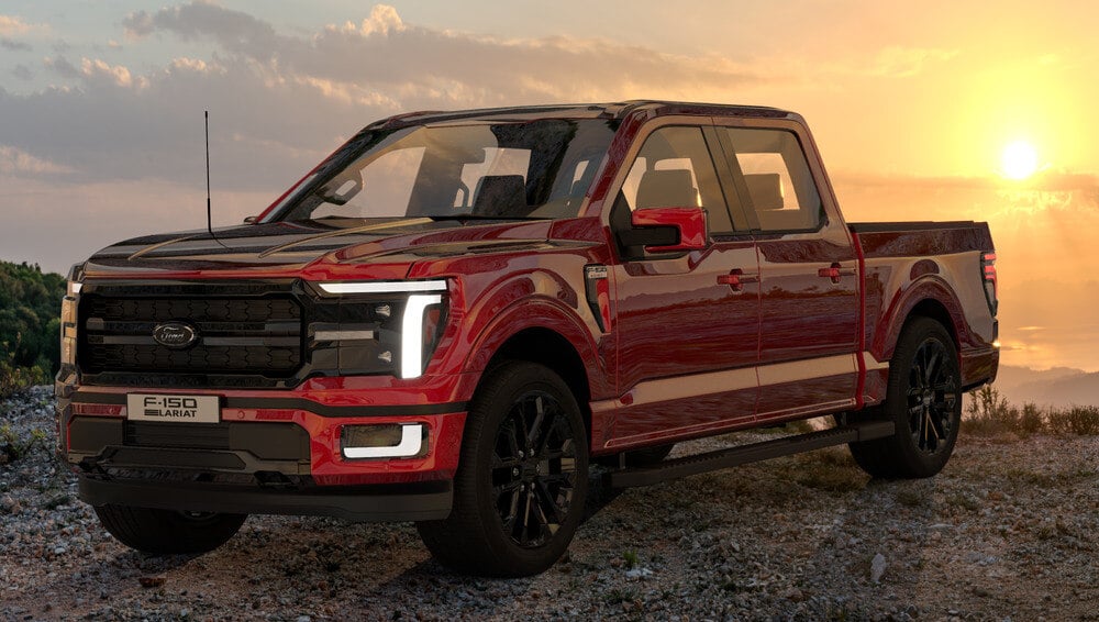 Lifted Ford F-150 Lariat truck parked on rugged terrain in Colorado. 